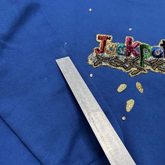 Vintage Jostens Sportswear Jackpot Sweatshirt Large Blue Sequins Casino USA 90s - Picture 3 of 12